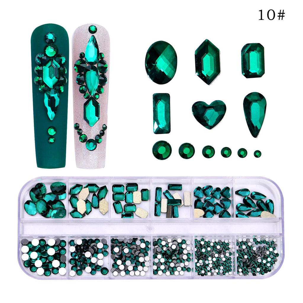 12 Gitter/Box, gemischtes Design, flache Rückseite, Nagel-Strasssteine, 3D-Charms, Stein-Edelsteine, Nagelkunst-Dekorationen