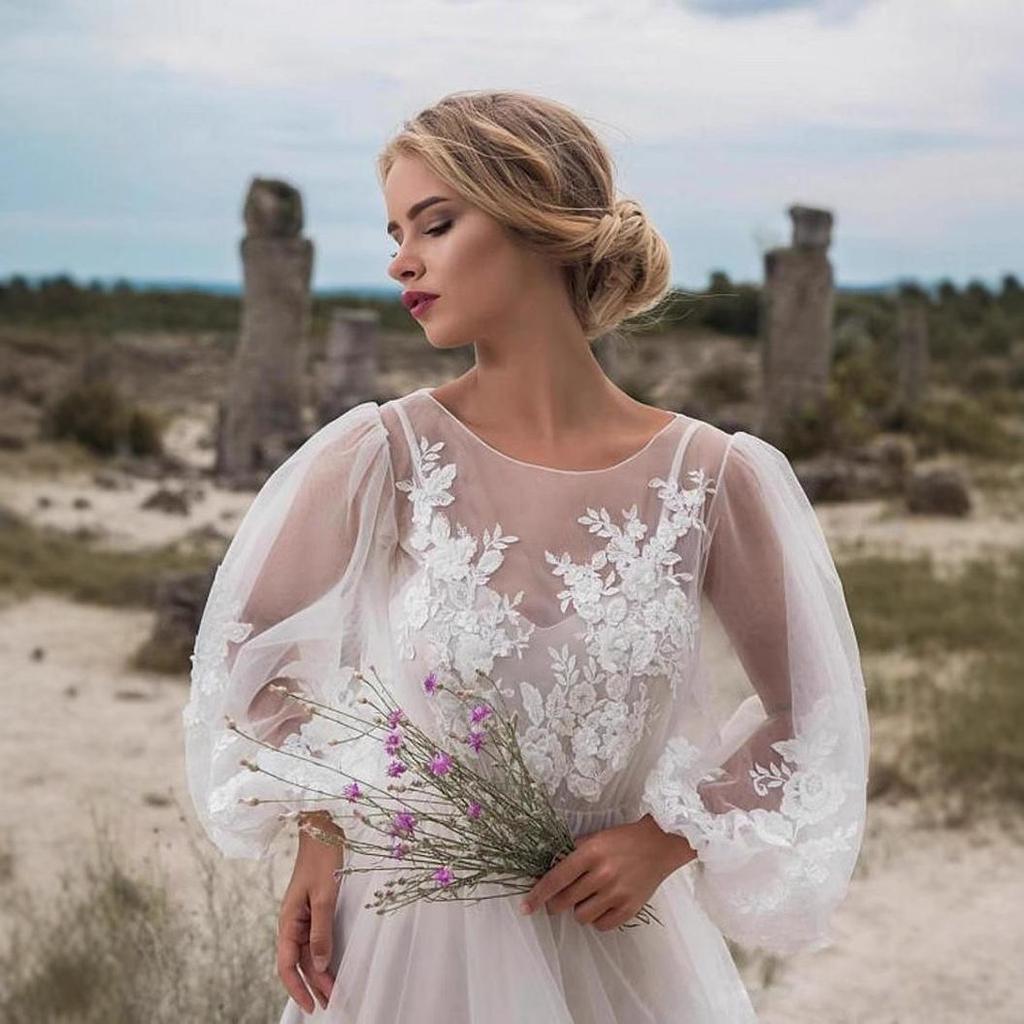 New Puff Sleeve Mesh Embroidery Wedding Dress