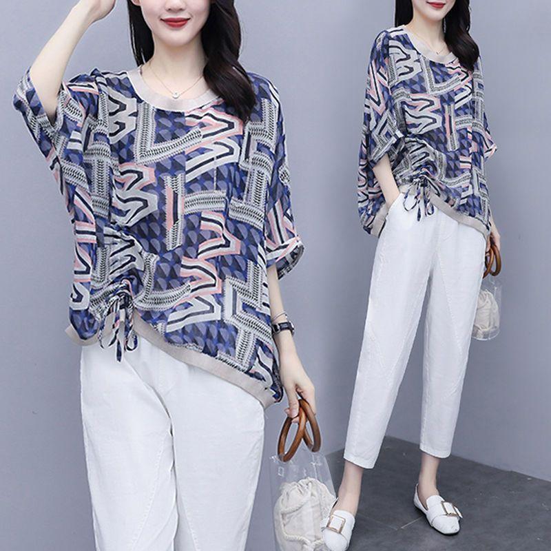 2 Piece Sets Women Casual Tops and Pants Summer Simple Style Vintage Embroidery Loose Female Suit