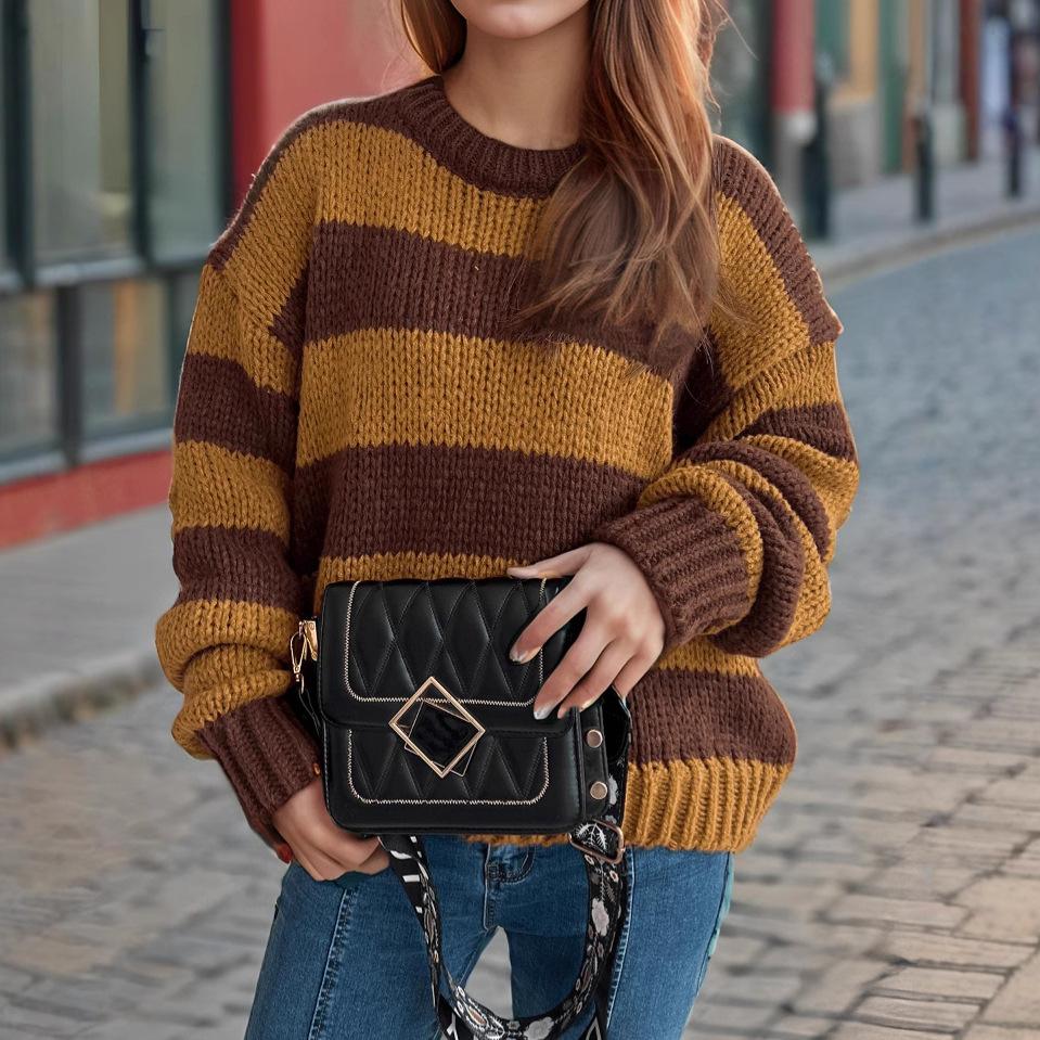 Autumn and Winter Fashion New Sweater Round Neck Contrasting Stripes Casual Retro Lazy Style Pullover 3565