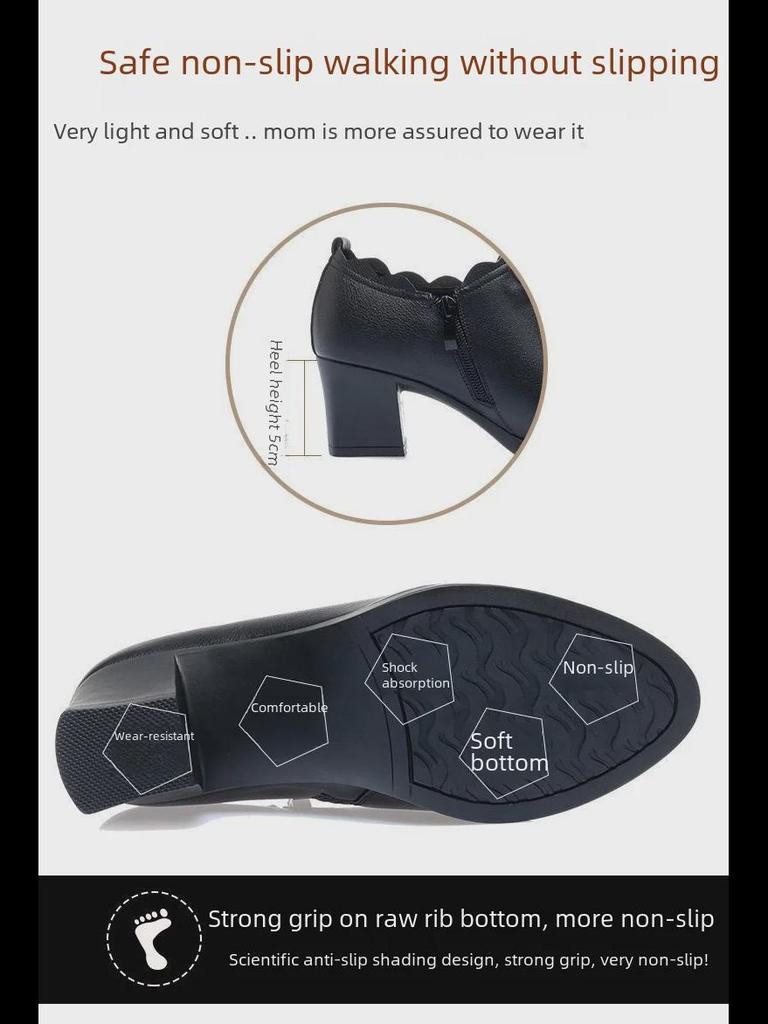 Spring Autumn Four Seasons Women Mid-Heeled Leather Bow Shoes Soft Versatile Comfortable High Heels