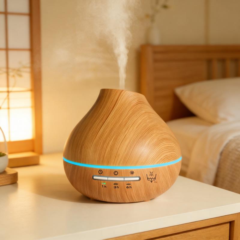 Light Wood Grain Aroma Diffuser - 500ml Automatic Spray, 7-Color Ultrasonic Humidifier
