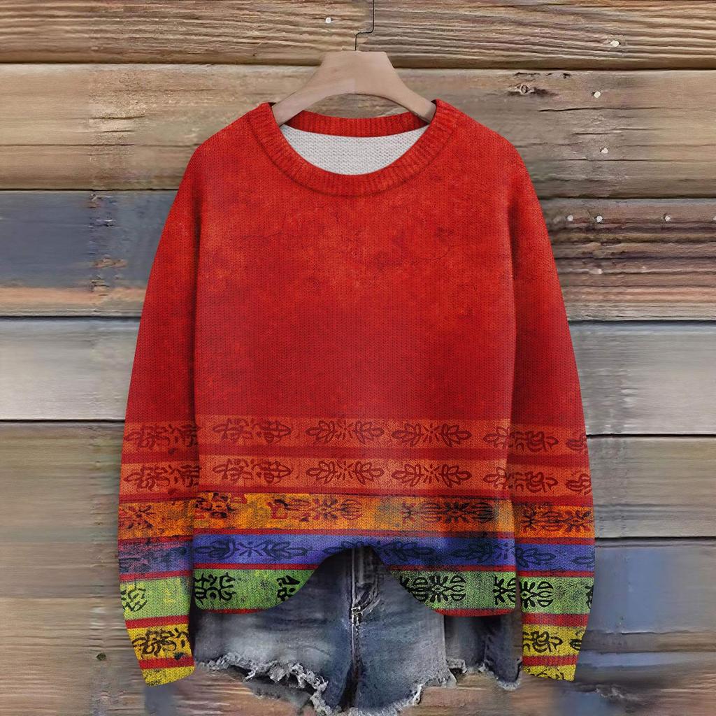 Long Sleeve Pullover Sweaters For Women O Neck Casual Cute Printing Knit Oversized Sweater