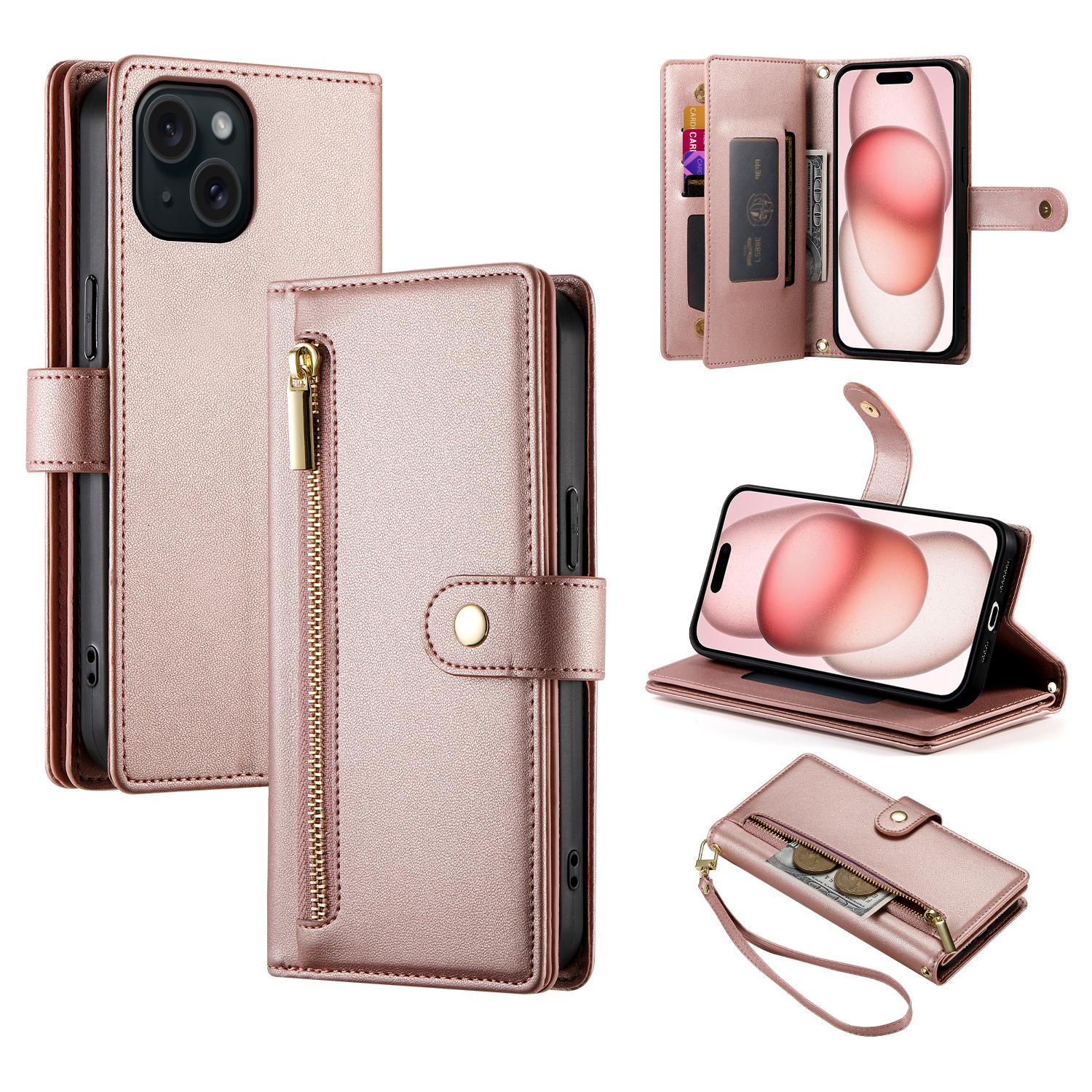 

DF-011 For iPhone 15 Case Crossbody Leather Cover with Zipper Pocket Multiple Card Slots Pink