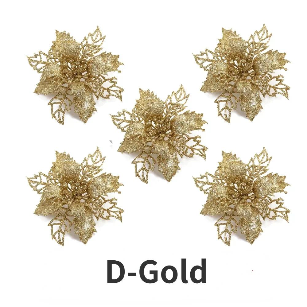 20/5PCS Artificial Glitter Christmas Flowers with Clip Xmas Tree Hanging Ornament Fake Flower New Year Party Home Decor Supplies