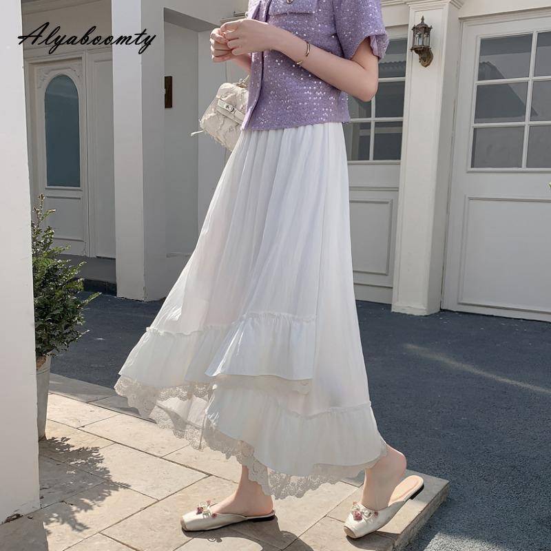 French Style Spring Summer Women Irregular Skirt High Waist Black White Pink Lace Patchwork Skirt Sweet Ruffles Princess Skirts
