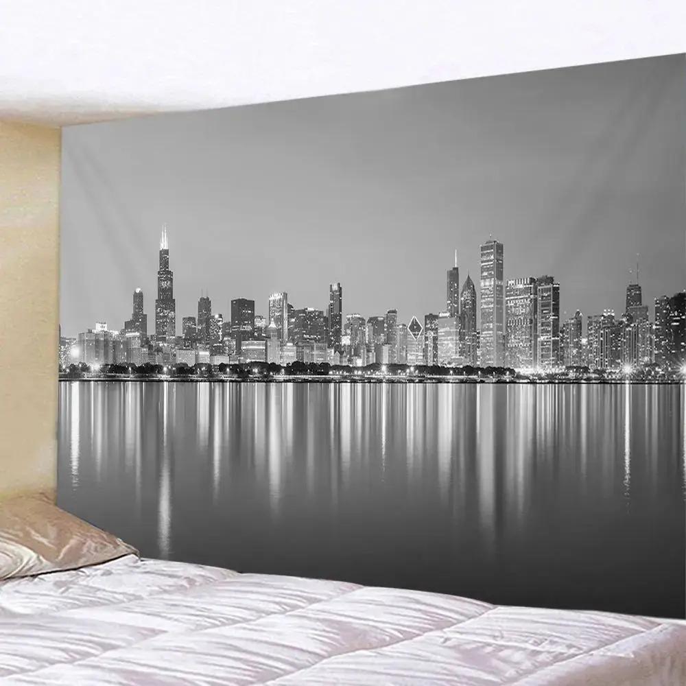 New York City Skyline Tapestry Bohemian Night Scene Wall Art for Living Room Bedroom Decor Hippie Style Urban Landscape Hanging