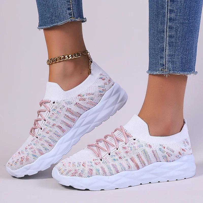 Fashion Mixed Color Knitted Platform Sneakers Women Spring Summer Casual Thick Sole Sports Shoes Woman Lace Up Non Slip Walking Shoes