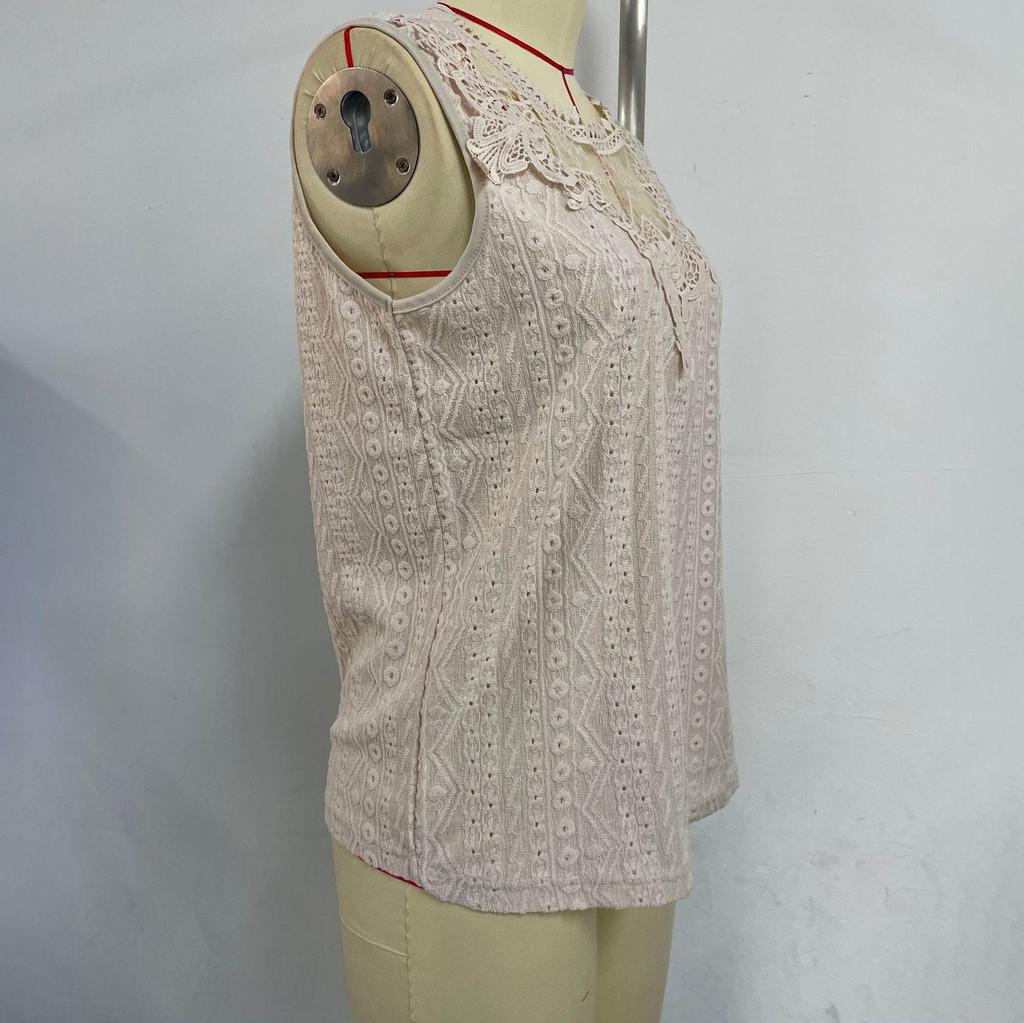 Kvinner Vår Sommer Elegant Blonder Patchwork O-Hals Hul Topp Ensfarget Heklet Camisole Topp Pullover Skjorte S-XL