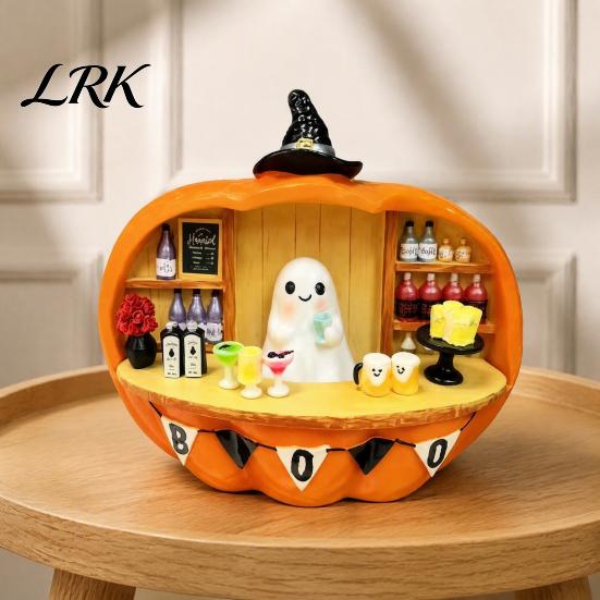 Miniature Ghost Bartender Figurine Pumpkin Figurine, Halloween Mini Bar Scene Coffee Atmosphere Light Decoration for Living Room, Entryway,