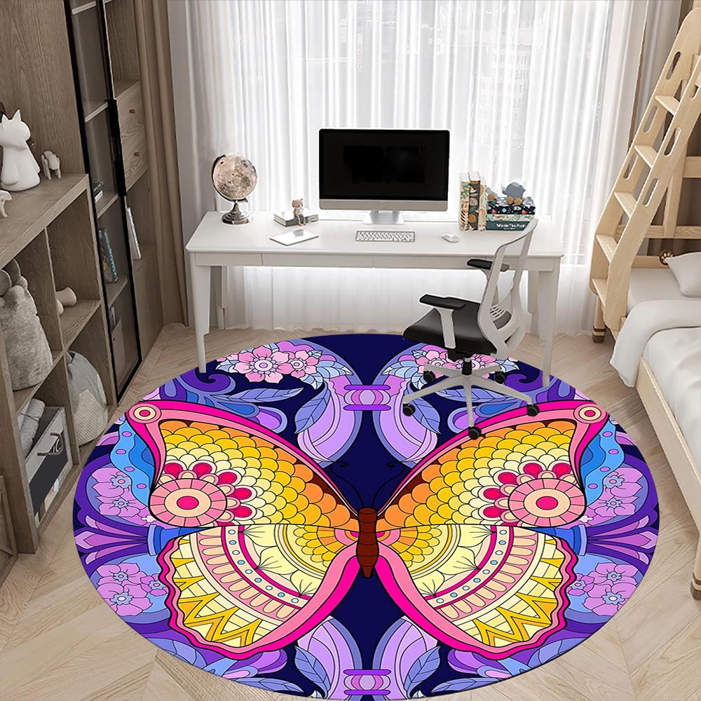 1PC Butterfly Mandala Office Round Rug, Non Slip, Soft and Durable Office Rug for Interior Decoration, Perfect for Office