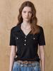 MAXZA Gold Button Open Collar V-Neck Rib Knit