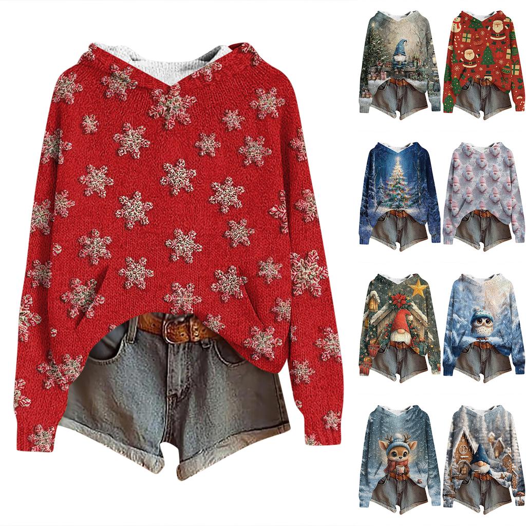 Women's Fashion Casual Long Sleeve Christmas Print Hooded Knitted Sweatshirt