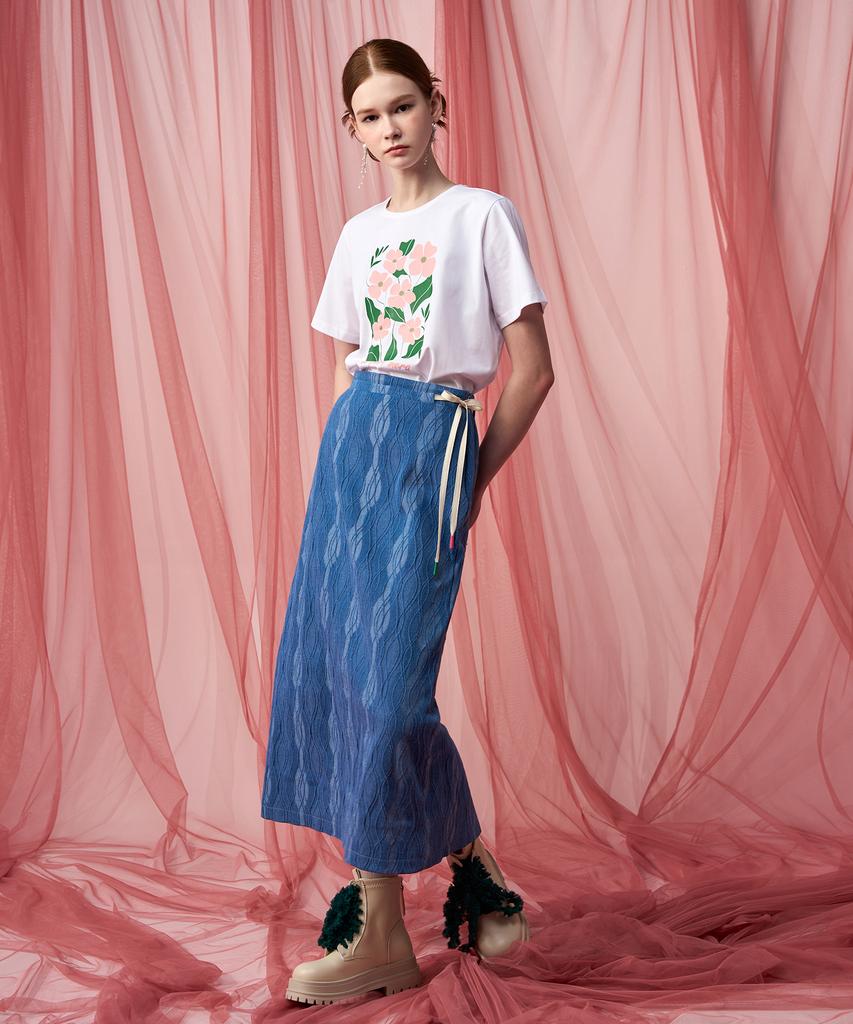Pelimela Denim Jacquard H-Line Midi Skirt (Blue)