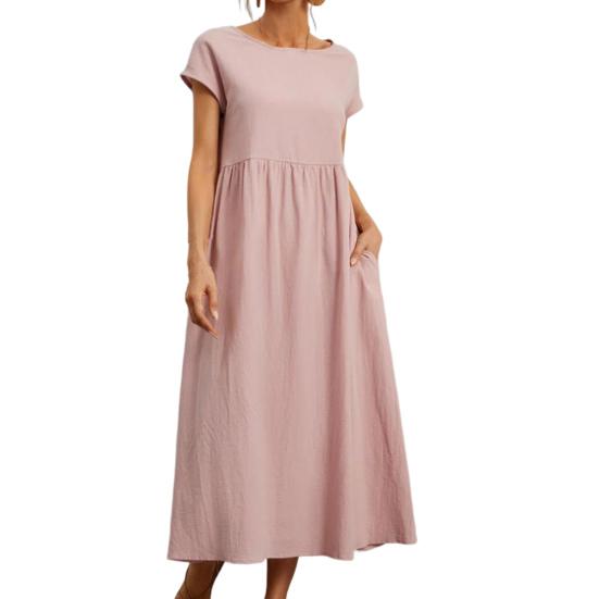 

Women Dress Short Sleeve Casual Breathable Solid Color A-Line Dual Pockets Midi Dress for Daily Wear L розовый
