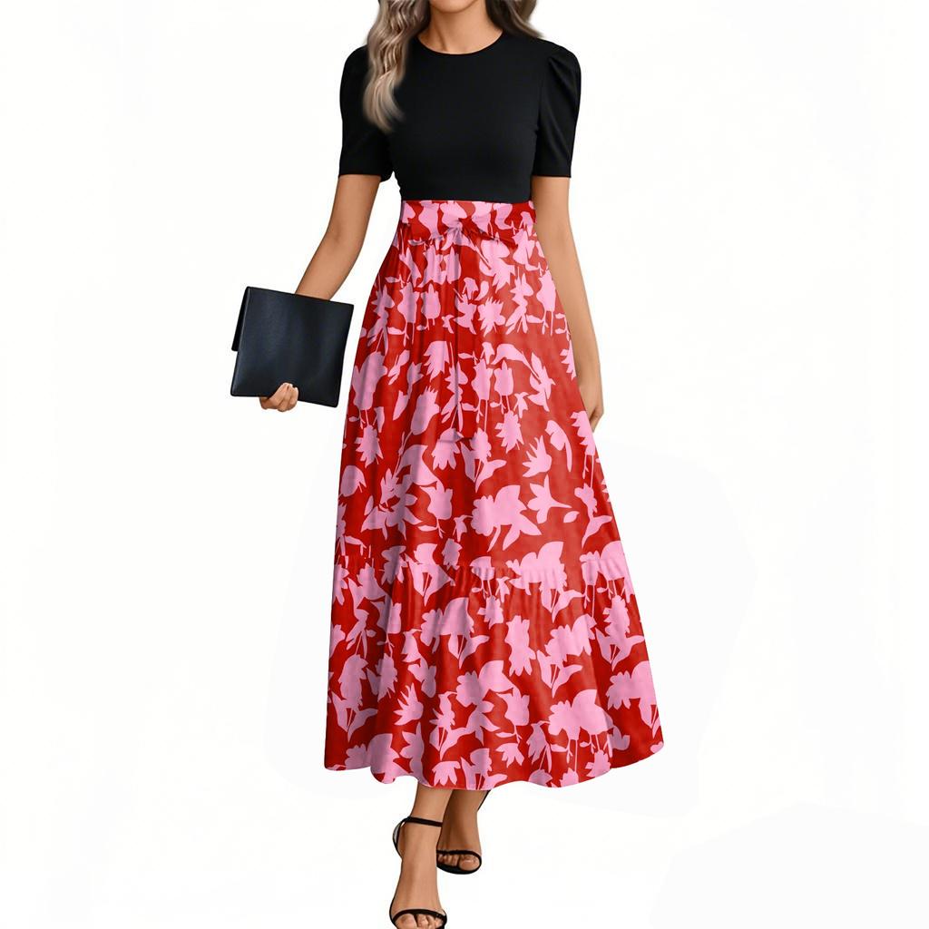 Women's Fashion Casual Belt Short Sleeve Round Neck Retro Printed Splicing Elegant Temperament Dress