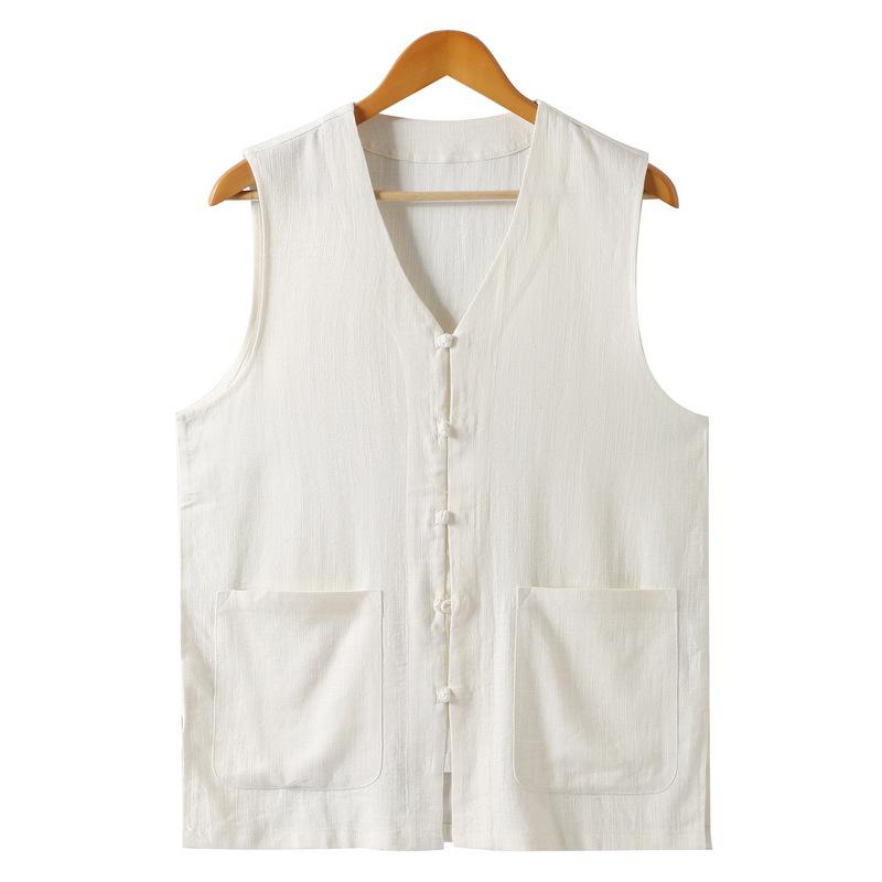 Men's Summer Thin Section of Chinese Style Cotton and Linen Vest Middle-aged and Elderly Straight Hem Multi-pocket Comfortable Tops