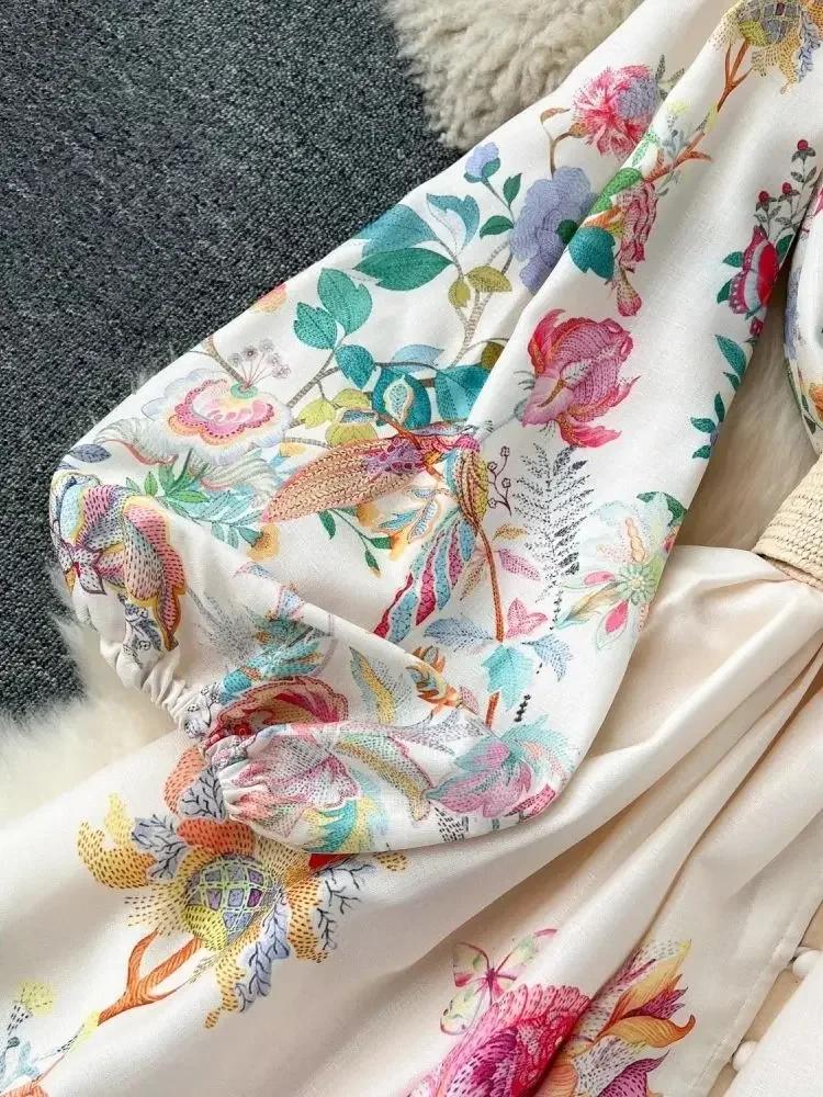 New Autumn Floral Holiday Maxi Dress Women Sexy Long Lantern Sleeve Sashes Lace Party Dress Female Elegant Trims Embroidery Robe