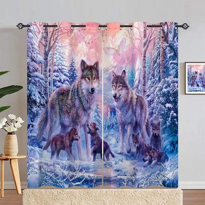 3D Individuell Bedruckt Tier Schneebedeckter Winterwald & Wolfsfamilie Beschattung Polyester 2 Paneele Heimvorhang für Kinderzimmer Wohnzimmer3