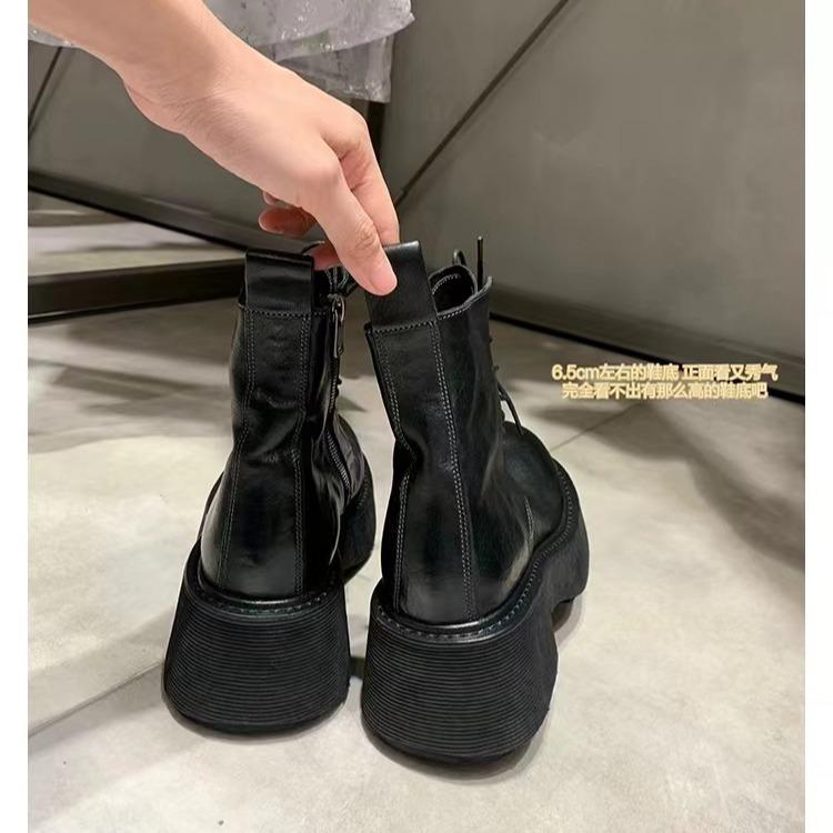 Cowhide Version Leg Essence Spice Girl Heavy Shrinkage Cowhide Lace-up Side Zipper Thick Heel Short Boots Locomotive Outdoor Martin Boots Women