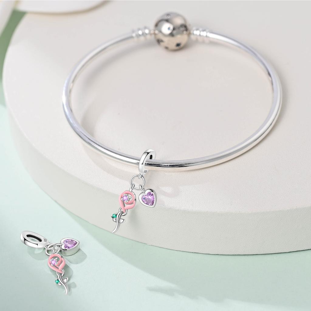 Original Copper Charms Luxury Pink Rose Pendant Plant Beads Fit Bracelet Diy Women Making Delicate Gift