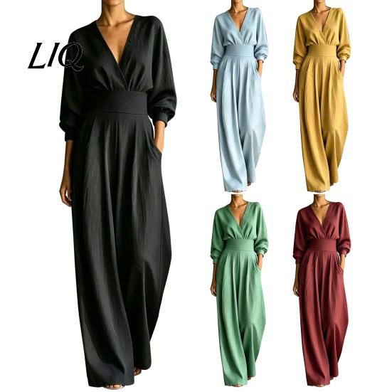 Casual Women Jumpsuit Women's Long Sleeve Jumpsuit, Deep V Neck Loose Wide Leg All Day Comfort Rompers, High Waist Summer One Piece Outfits