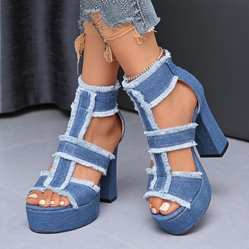 Fashion Summer Women's Cool Boots Fashion Thick Heel High Heeled Sandals Classics Denim Hollow Out Cool Boot Luxury Platform Women Shoes