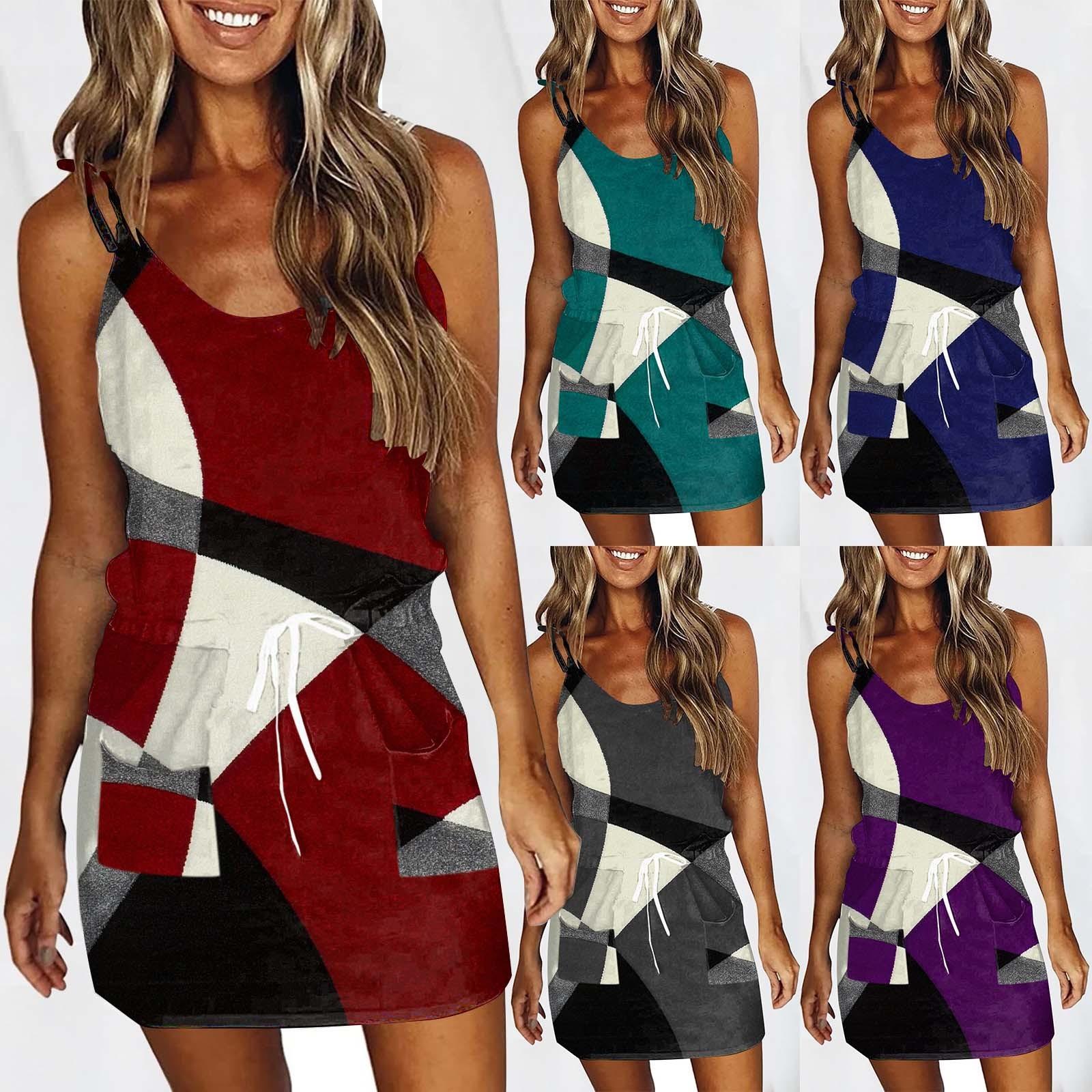 

Beach Dresses For Women Trendy Sleeveless Halter Strap Beach Mini Sundress Dress With Pockets