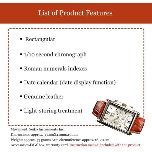 JMW TOKYO Men's Square Watch, Gold & Brown, Square Rectangular, Men's Chronograph, Limited Edition, Seiko Quartz Movement, Leather Band, Genuine Leath