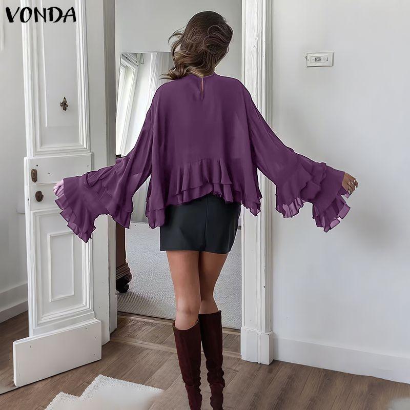 VONDA Blusa casual da donna con scollo rotondo, maniche lunghe, in rete e pizzo, trasparente, con balze