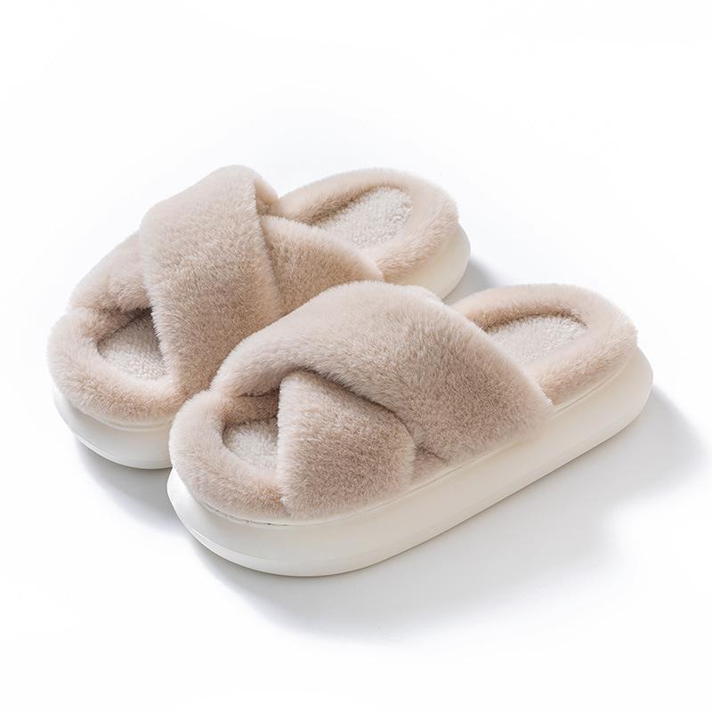 Internet Celebrity Fairy Hair Slippers Autumn and Winter Indoor Home Thick Bottom Non-slip Versatile Cross Plush Warm Cotton Slippers