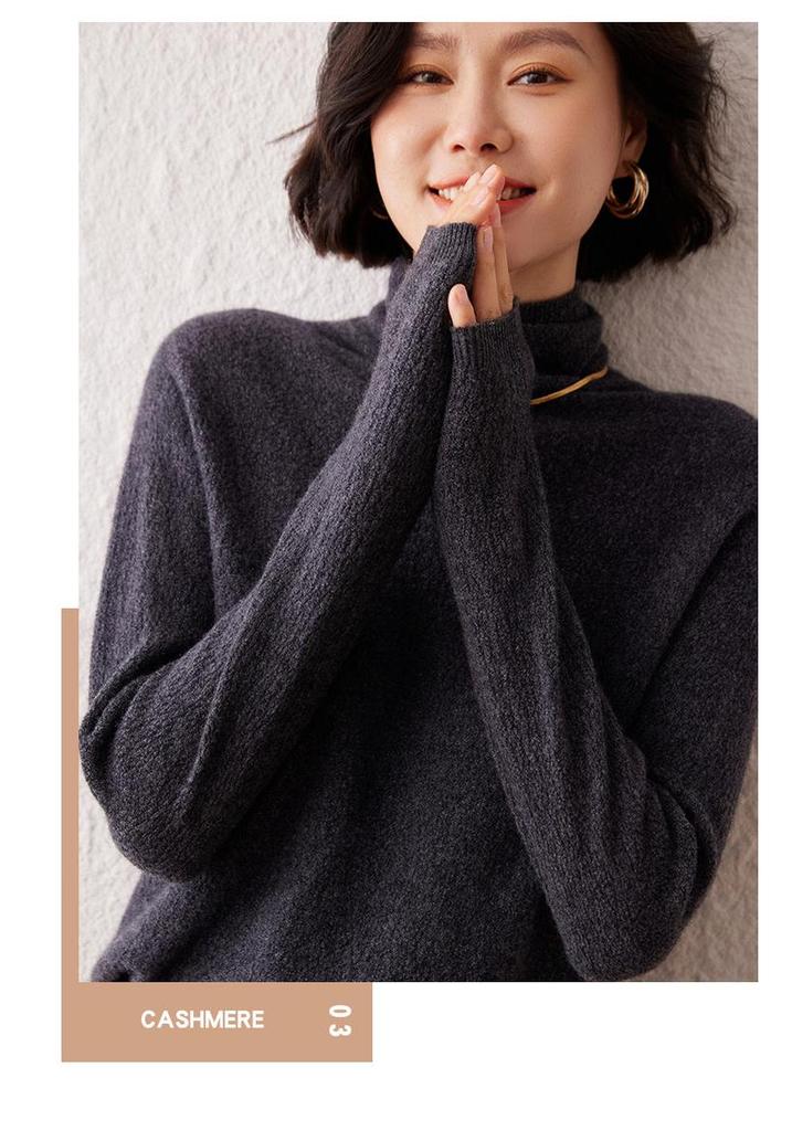 Autumn Winter Women's 12-Gauge Cashmere Stand-Up Collar Knit Sweater Pullover