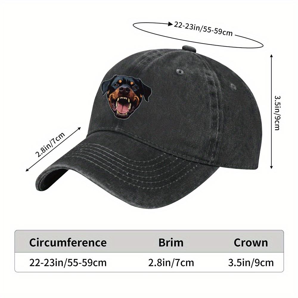 1pc Rottweiler Dog Head Baseball Cap - Fierce Open-Mouth Graphic, 100% Denim, Adjustable Vintage Washed