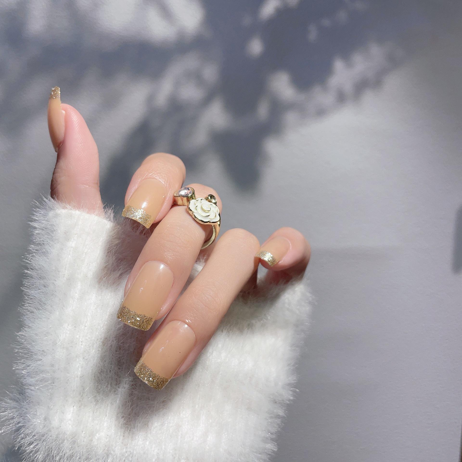 

Gold Glitter Edged Nude False Nails - Chic European & American Style