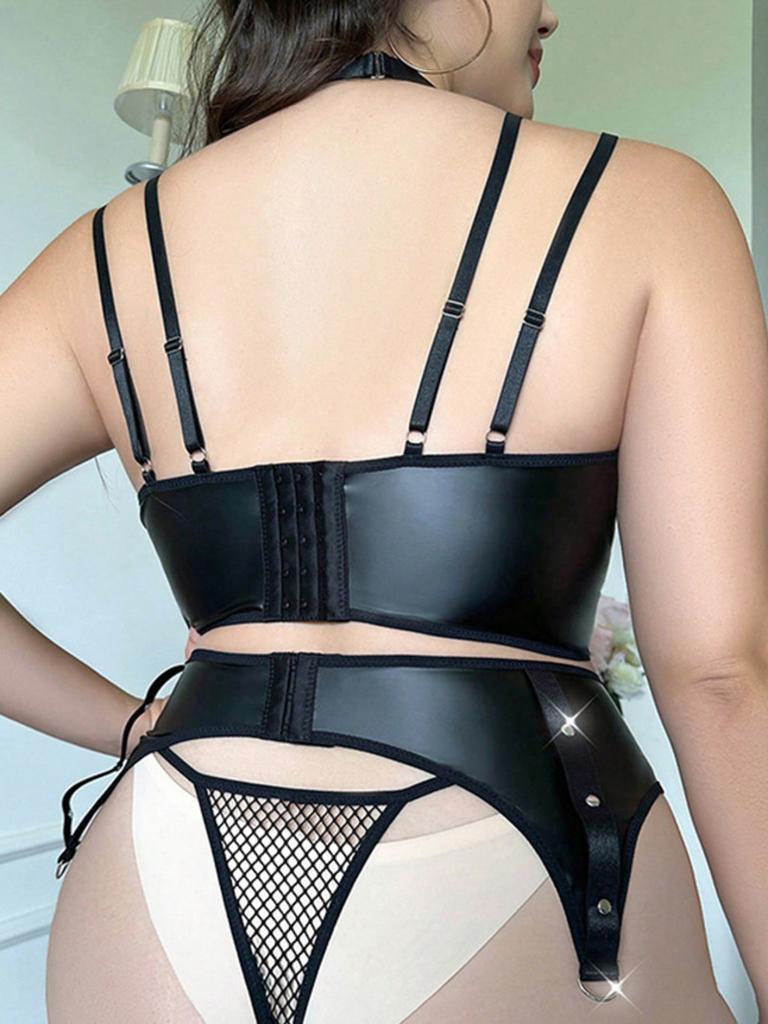 New American Sweet Girl Plus Size Sexy Black Pu Leather Fishing Net Perspective Women Rompers Three-Point Fashion Bodysuits 0E1J