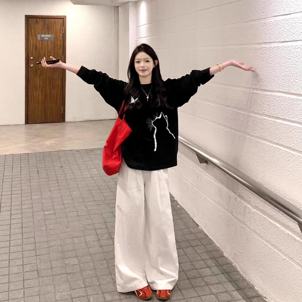 Plus Size Korean Style Oversized Women's T-shirt, Early Autumn/Winter Base Layer with Straight Shoulder Long Sleeves