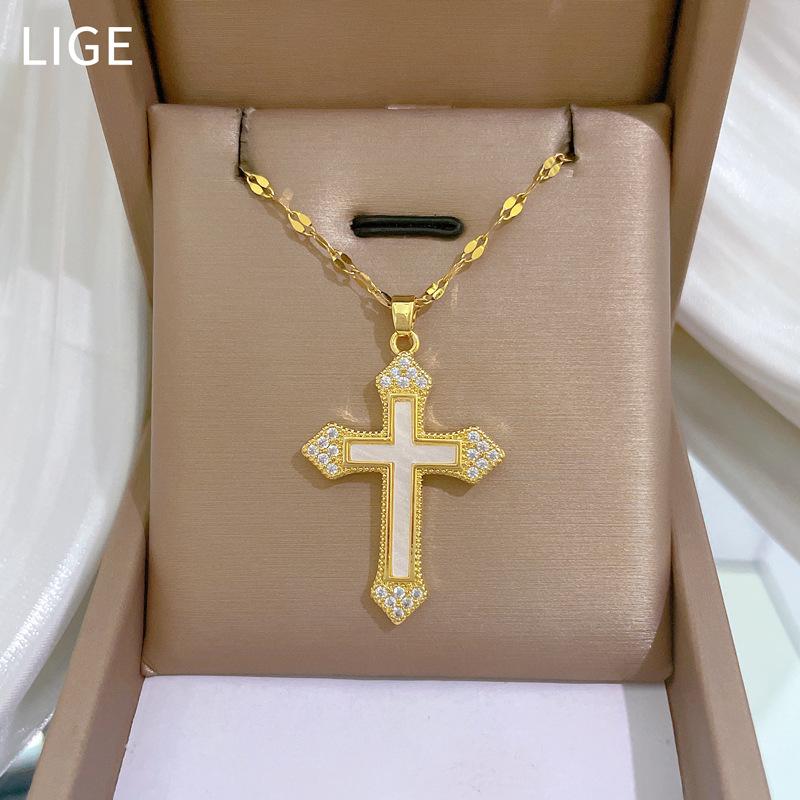 Shell Cross Light Luxury Temperament Gorgeous Full Diamond Necklace Women'S Versatile Collarbone Chain Titanium Steel Chain