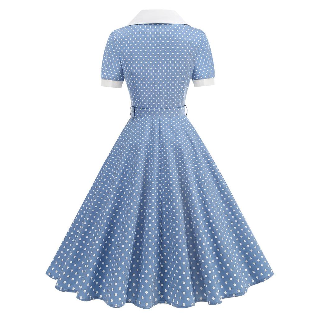 Women's Contrast Color Lapel Slim Fit Polka Dot Open Collar Lace-up Swing Mid-length Dress