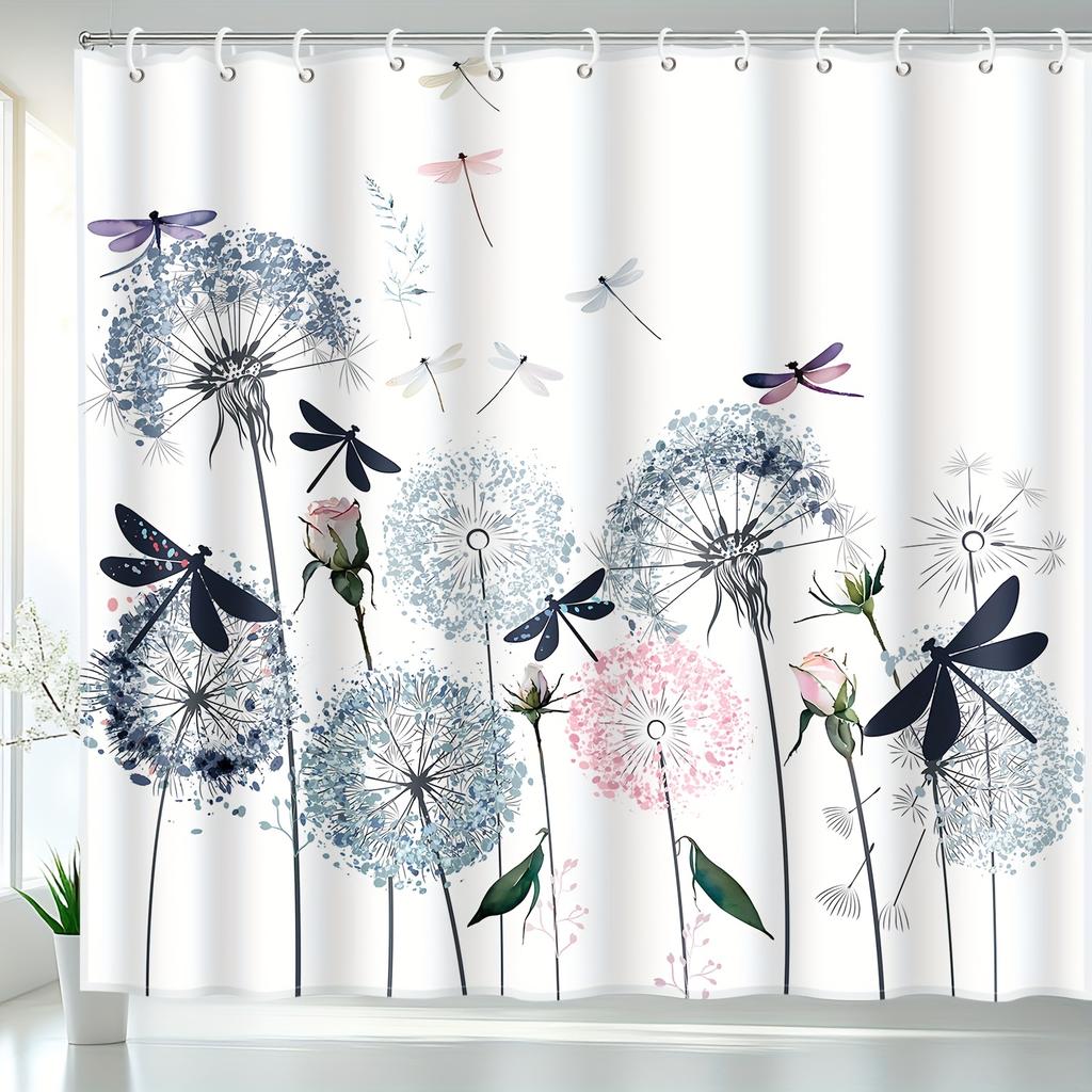 1Pc Watercolor Dandelion Dragonfly Print Shower Curtain With Hooks - Blue Pink Floral Art, Machine Washable For Bathroom