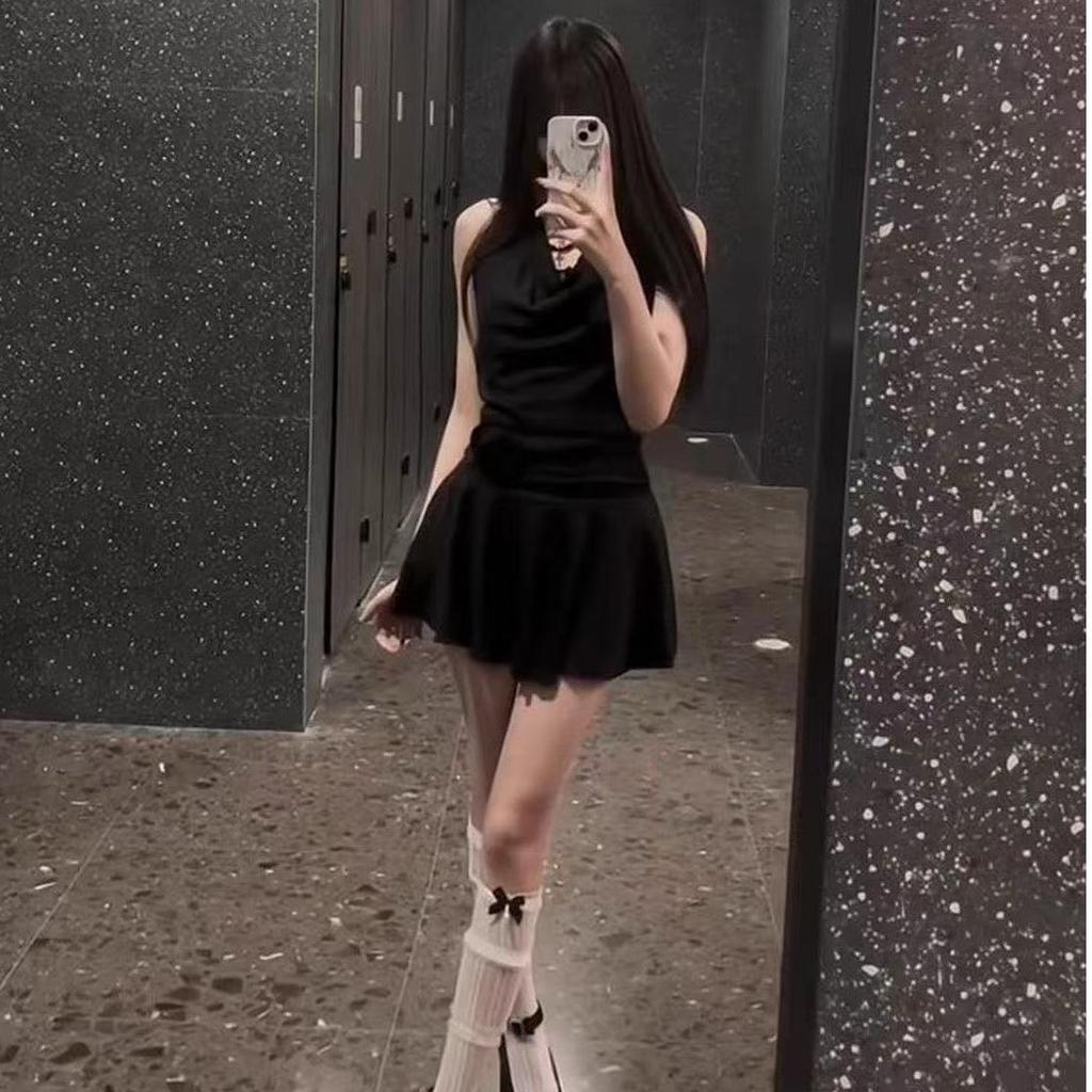 Sweet Spice Girl Fake Two-piece Lace Dress Women's Summer Black Pure Desire Temperament Slim Neck A-word Short Skirt