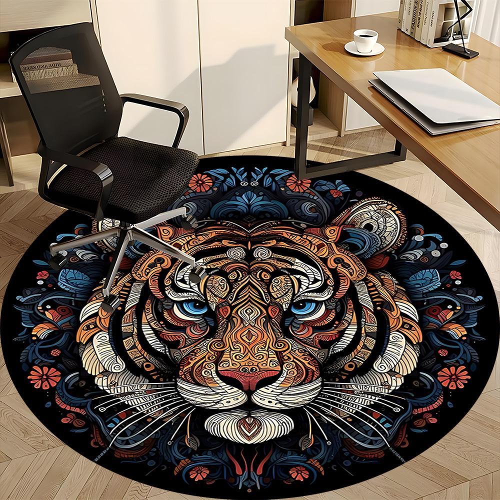 1pc Tiger Mandala Office Round Area Rug, Indoor Mat Suitable For Office, Under Office Chairs Bedroom Living Room Home Decor, Room Deco