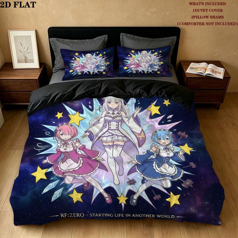Set Copripiumino Trapuntato con Fantasia Re Zero Federa Regalo di Compleanno per la Casa(1 * copripiumino + 2 * federa, senza nucleo)
