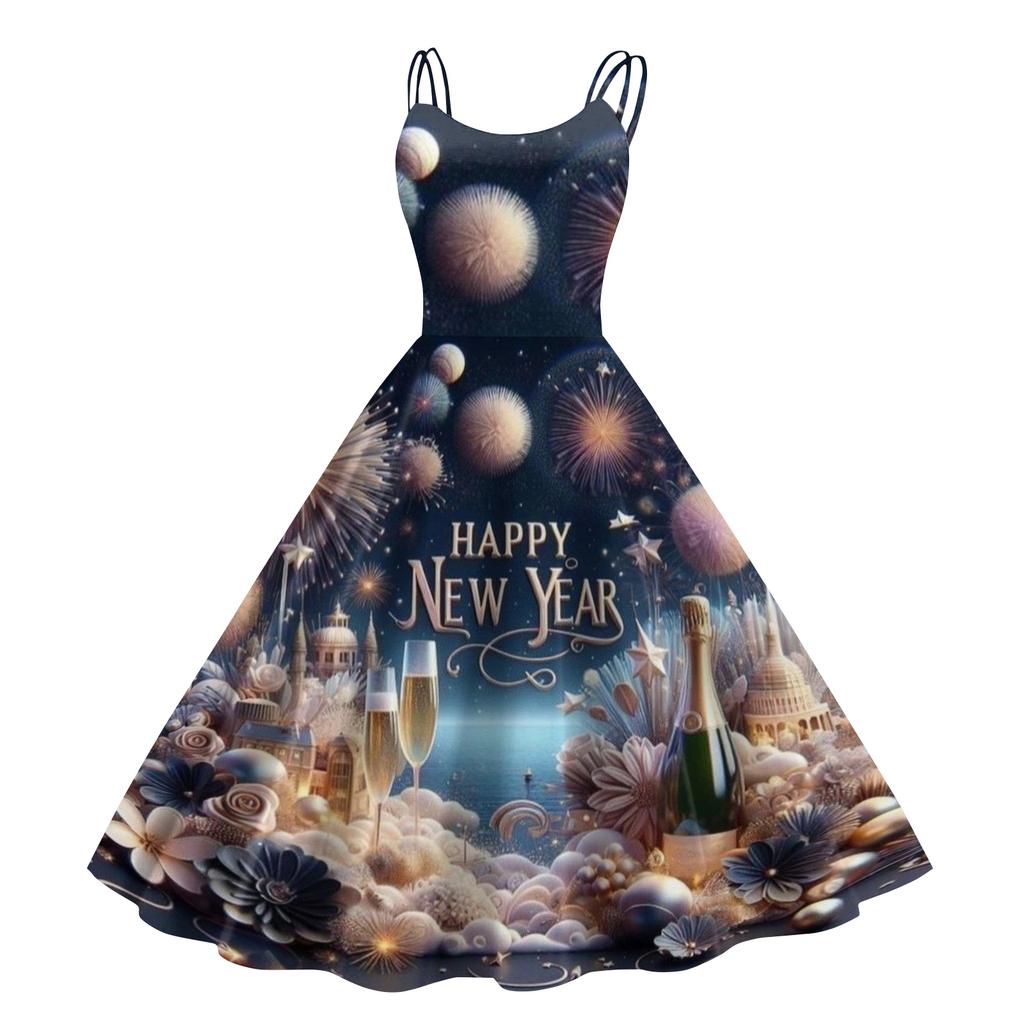 Women's New Year Printed Casual Fashion Round Neck Midi Dress