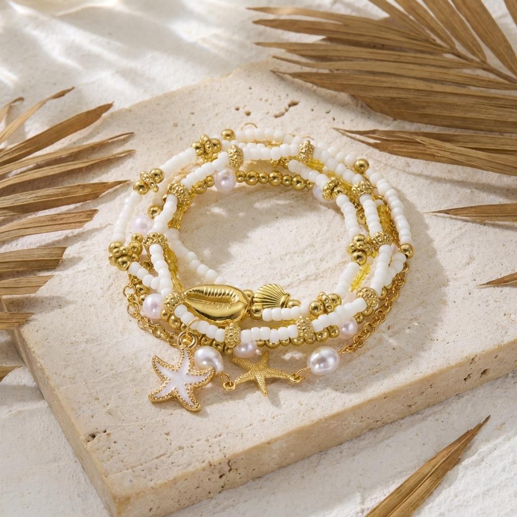 6Pcs/Set Boho Shell Starfish Stacked Bracelets for Women Imitation Pearl Beaded Elastic Bracelet Summer Ocean Jewelry Gift