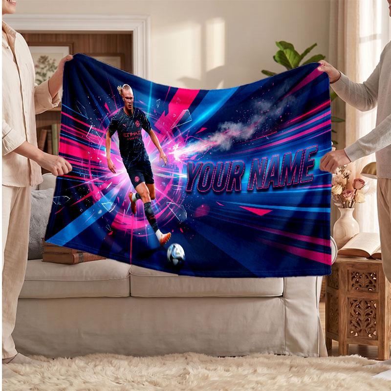 Erling Haaland Personalized Fleece Blanket With Football Logo, Custom Name Text Soft Warm Home Throw Blanket