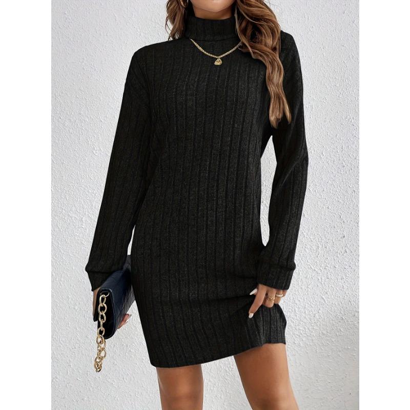 Women S Casual Solid High Neck Long Sleeve Knit Dress