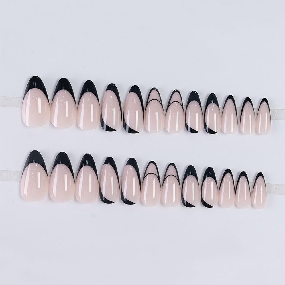 Secret Lives Glossy Reusable Artificial Translucent Pink Color with Black Design Press On Nails 24 Pieces Set with Kit
