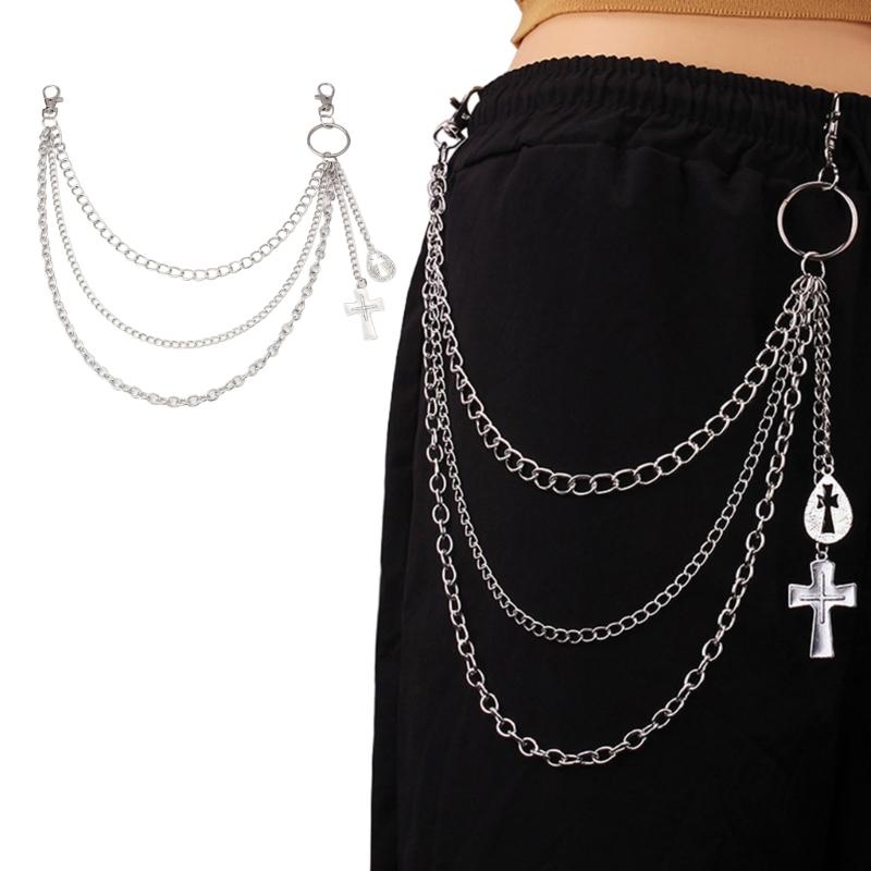 Punk Jeans Pants Chain Multi Layer Chain Cross Charm Waist Wallet Chain Summer Belt for Dancers