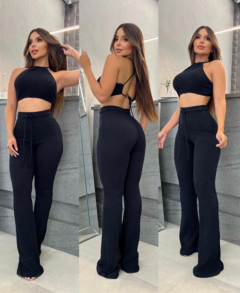 

European & American Waffle Camisole and High Waist Pants Set - Women s Fashion M чорний