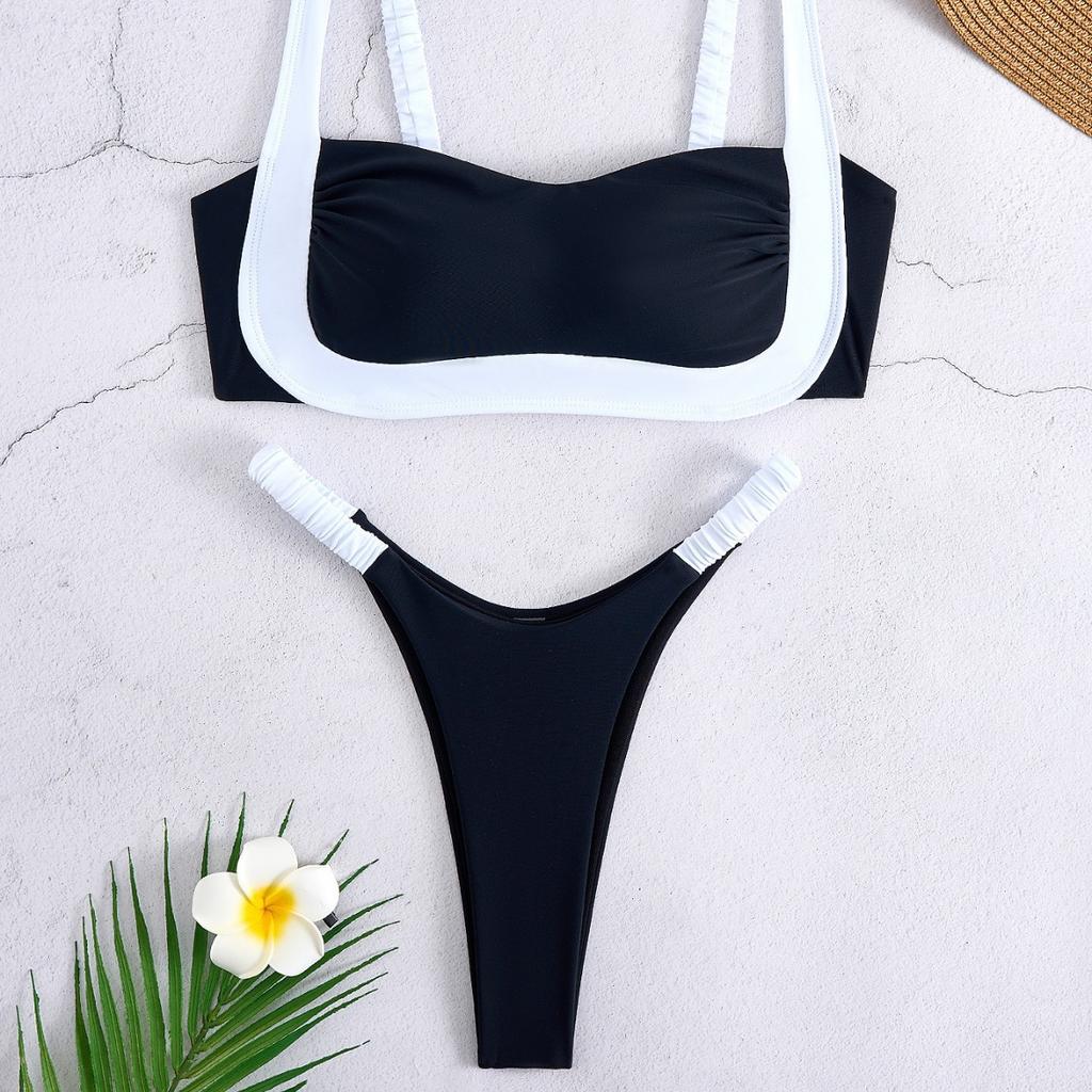 Bikini da Donna Elegante Color Block Bianco e Nero Costume da Bagno Senza Schiena con Spalline Bianche KTY